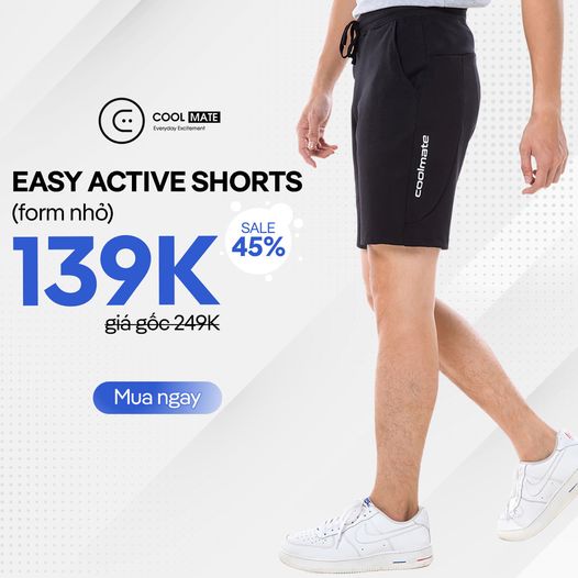 CoolMate khuyến mãi siêu ưu đãi 45% cho Easy Active Shorts form nhỏ